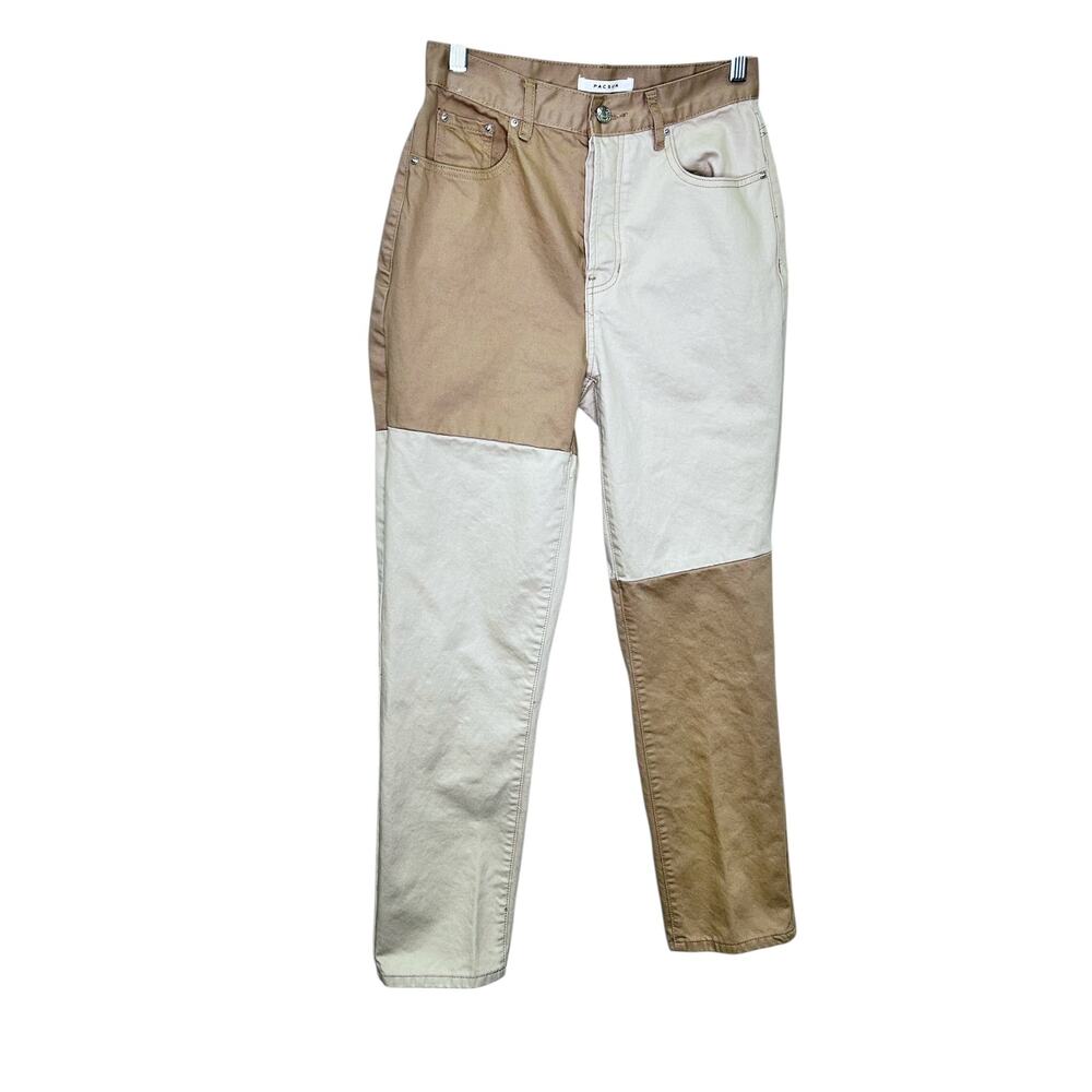 Pacsun Beige Cream Two-Tone Paneled High Waist Button Fly Straight Leg Dad Jean - Picture 2 of 11